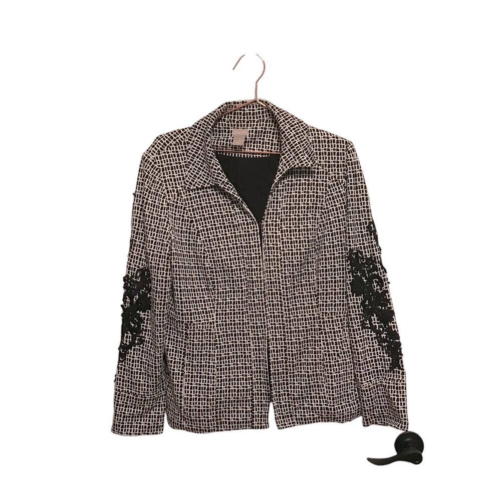CHICOS size 1 size 8/10 medium Blazer Jacket w/ Floral Embroidery Plaid